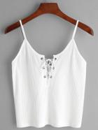 Romwe White Ribbed Lace Up Cami Top