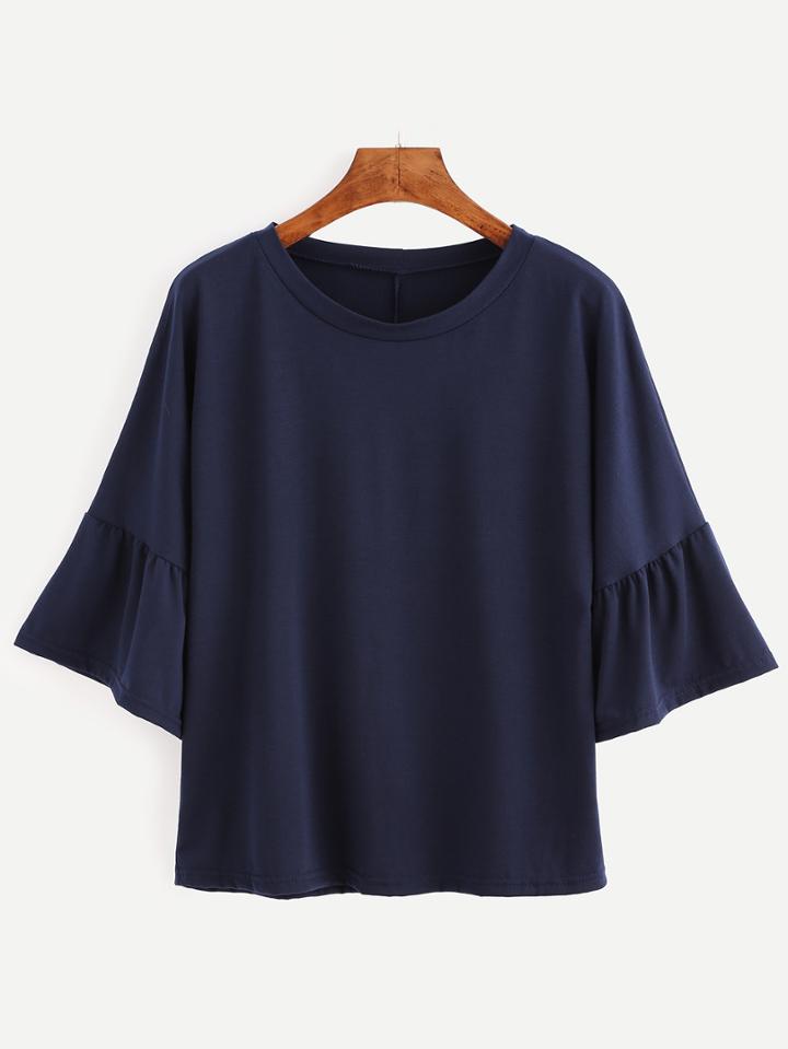 Romwe Navy Bell Sleeve T-shirt