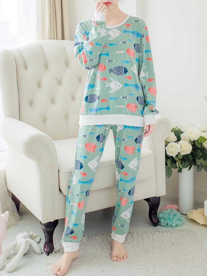 Romwe Contrast Trim Fish Print Pullover & Pants Pj Set