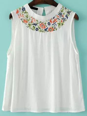Romwe Embroidered Keyhole Tank Top