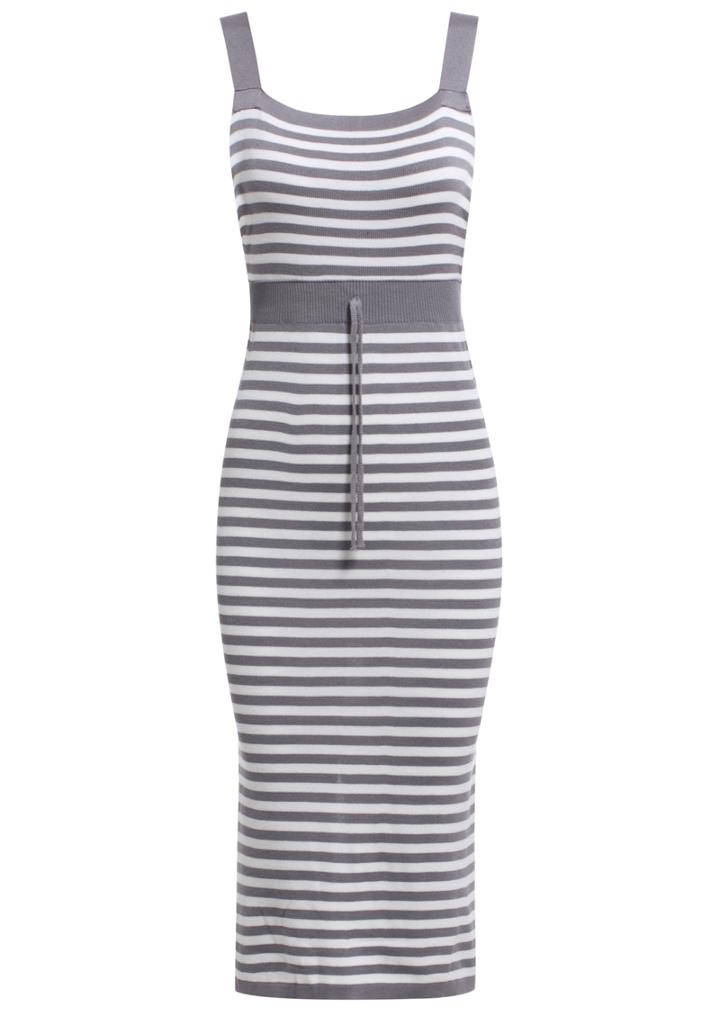 Romwe Spaghetti Strap Drawstring Striped Slim Grey Dress