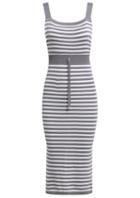 Romwe Spaghetti Strap Drawstring Striped Slim Grey Dress