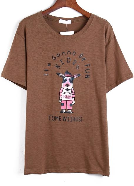 Romwe Letter Dog Print Long Brown T-shirt