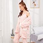 Romwe Floral Lace Plush Cami Pj Set With Robe