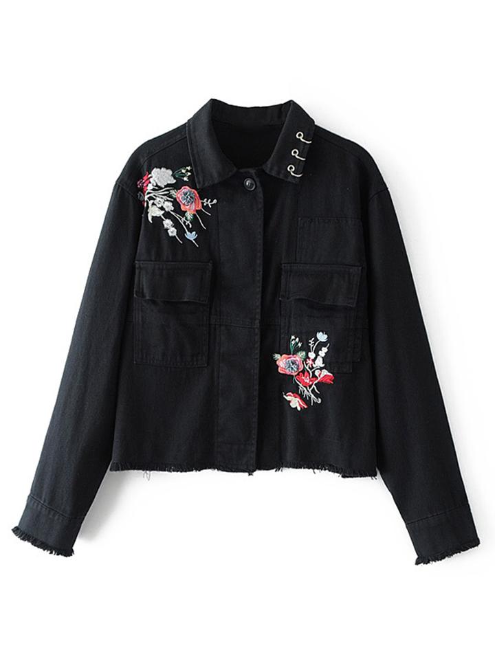 Romwe Flower Embroidery Ring Detail Raw Hem Jacket