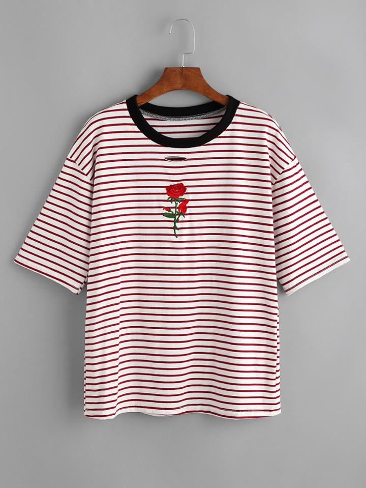 Romwe Contrast Striped Rose Embroidered Ripped Ringer Tee