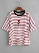 Romwe Contrast Striped Rose Embroidered Ripped Ringer Tee