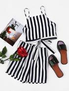 Romwe Vertical Striped Bow Tie Back Cami Top And Shorts Set