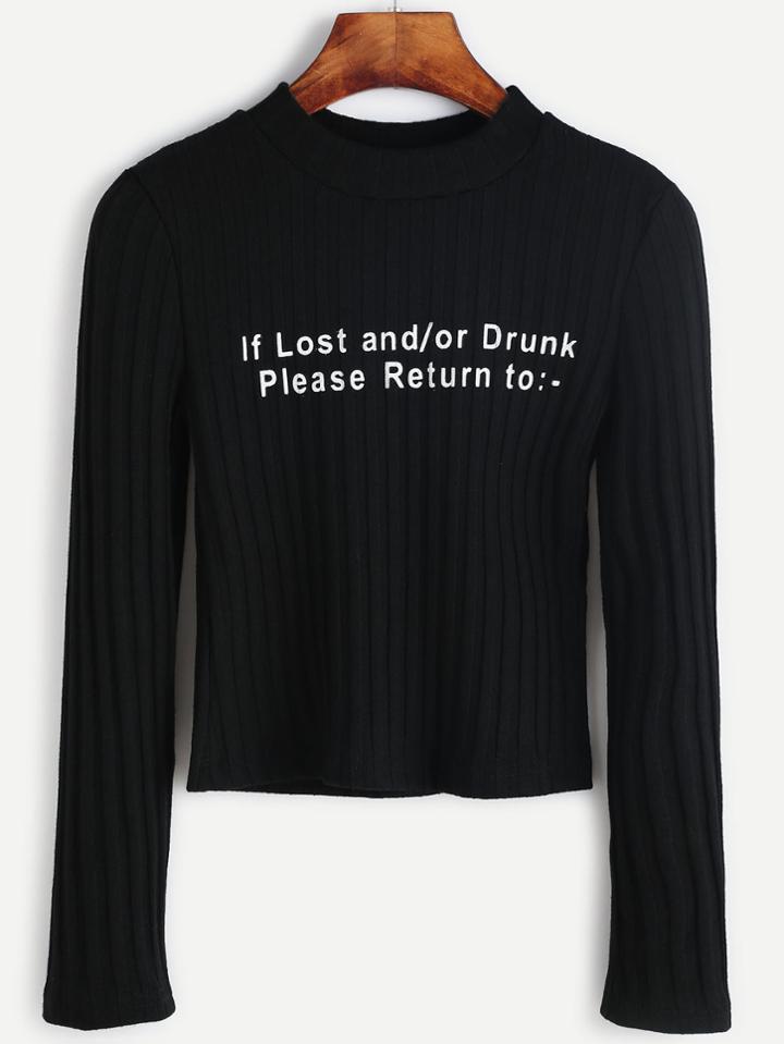 Romwe Black Sentence Print Ribbed Crop T-shirt