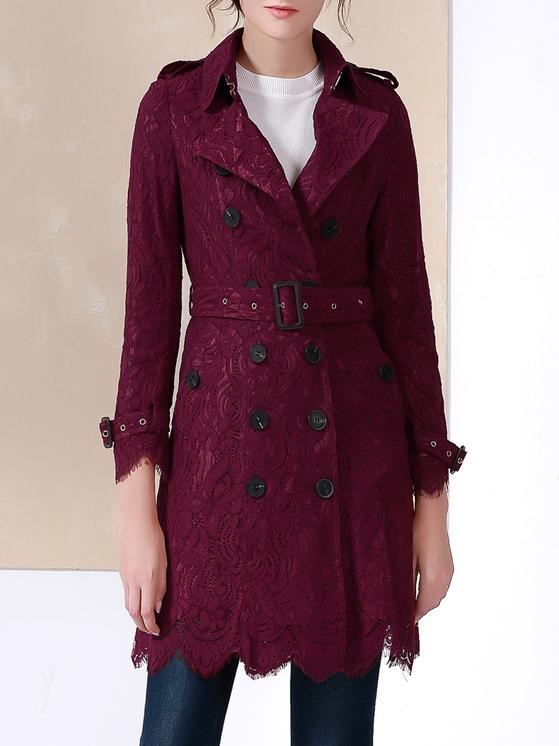 Romwe Dark Purple Lapel Belted Pockets Lace Coat