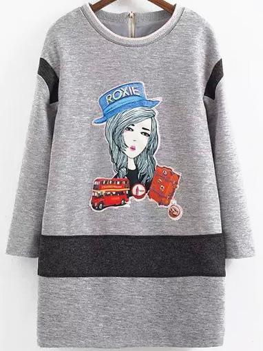 Romwe Long Sleeve Cartoon Print Zipper Dress
