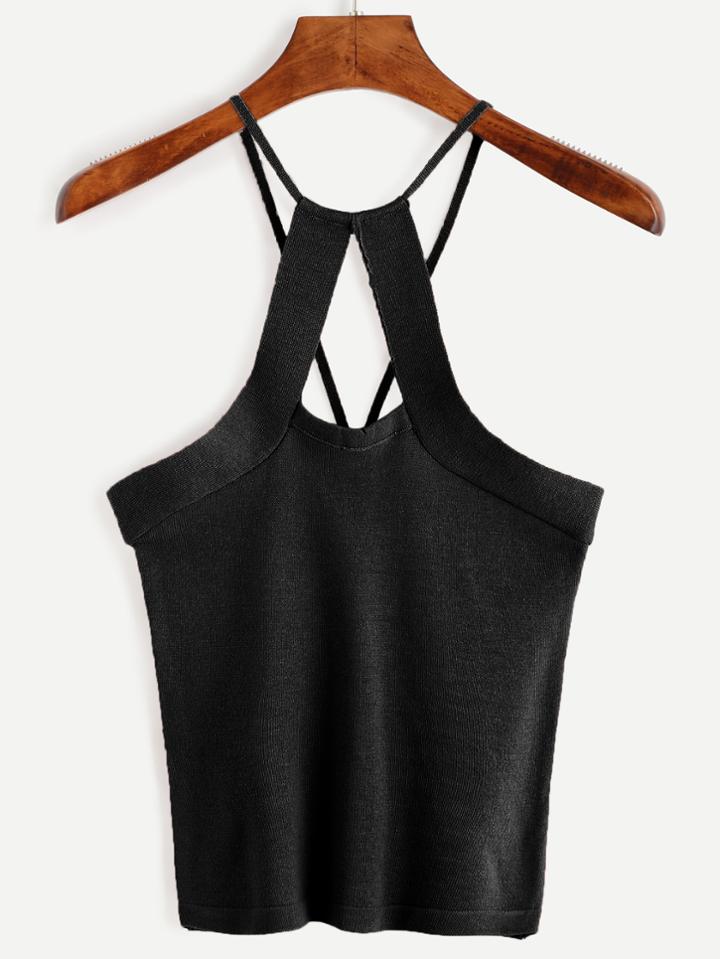Romwe Black Keyhole Front Knit Cami Top