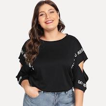 Romwe Plus Cold Shoulder Letter Print Tee