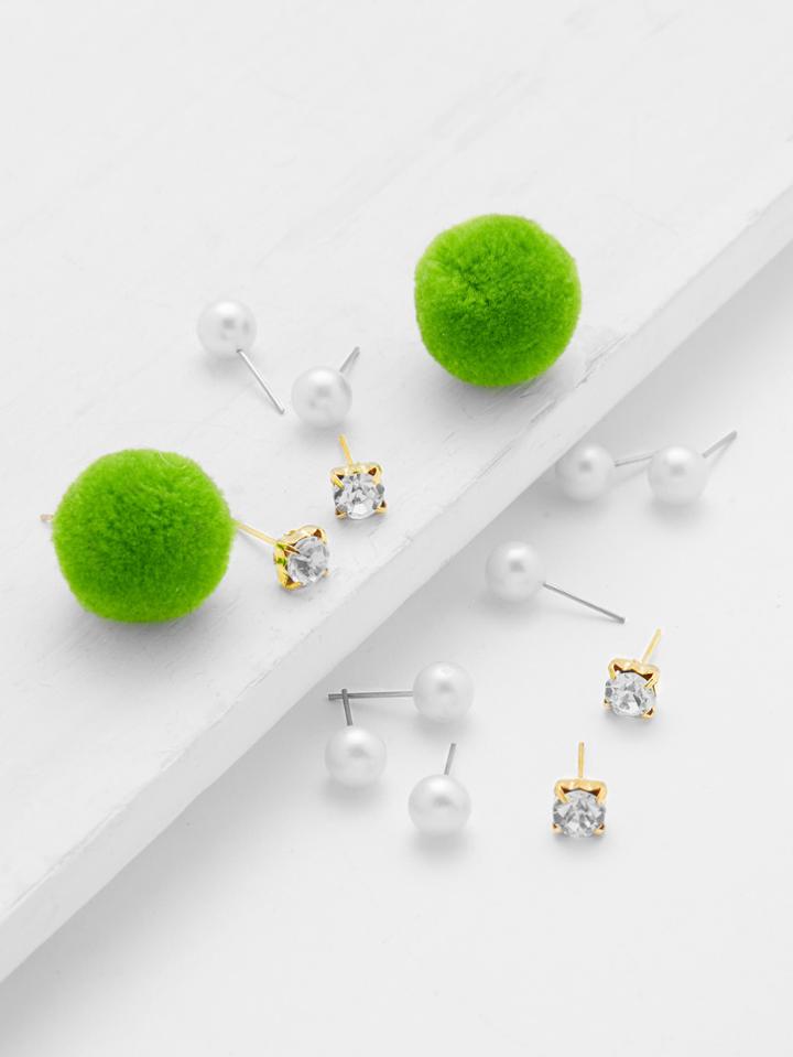Romwe Faux Pearl & Pom Pom Design Stud Earring Set