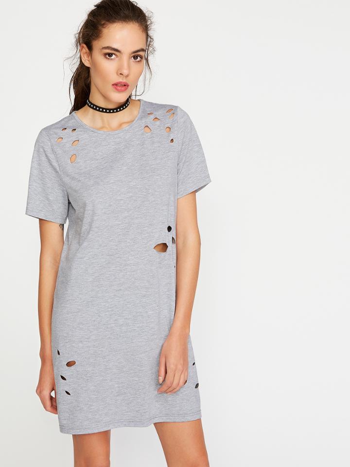 Romwe Heather Grey Short Sleeve Distressed Tee Dress