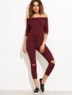 Romwe Burgundy Off The Shoulder Knee Ripped Drawstring Jumpsuit