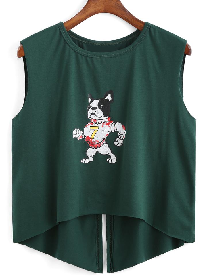 Romwe Dog Print Slit Dip Hem Tank Top