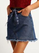 Romwe Blue Fringe A Line Denim Skirt