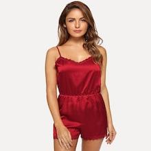 Romwe Lace Trim Open Back Satin Romper
