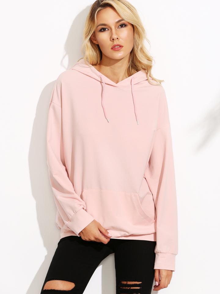 Romwe Pink Drop Shoulder Hooded Sweatshirt With Pocket
