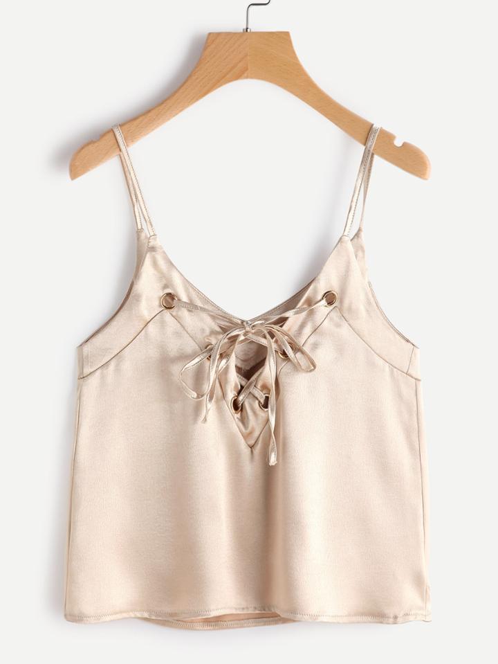 Romwe Grommet Lace Up Satin Cami Top