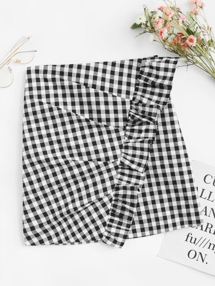 Romwe Ruffle Trim Gingham Skirt