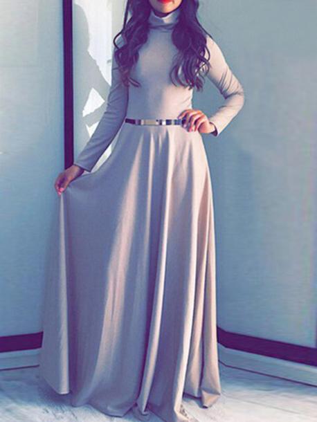 Romwe Khaki Stand Collar Belted Maxi Dress