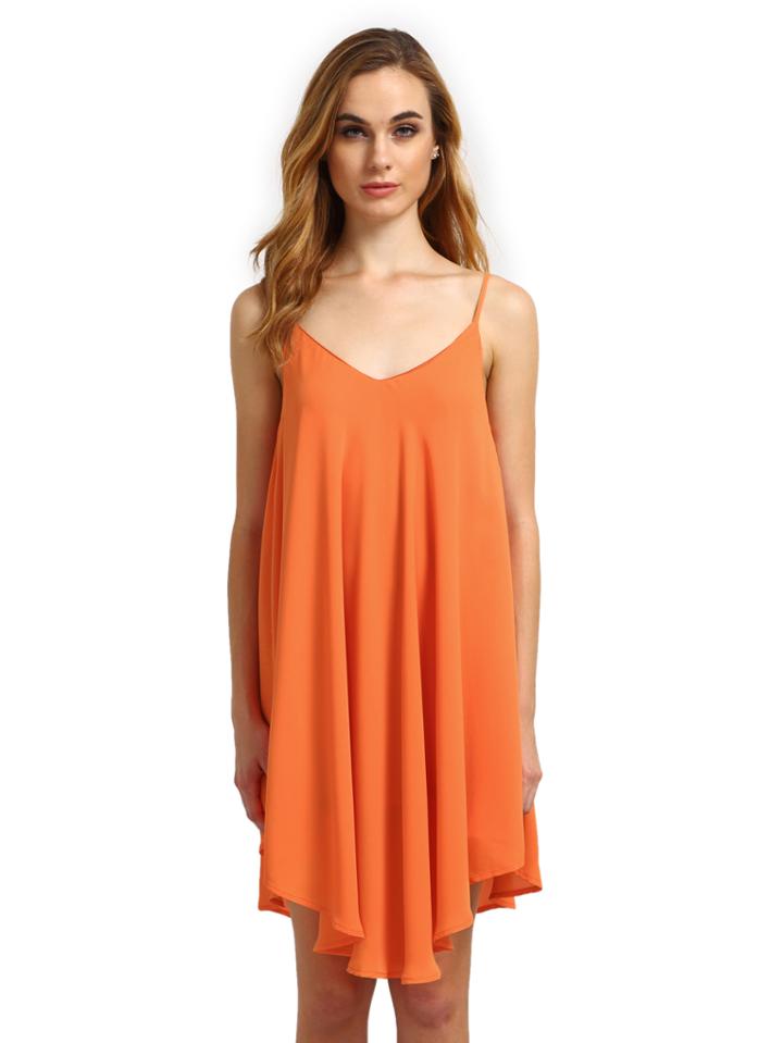 Romwe Orange Spaghetti Strap Asymmetrical Shift Dress Sundresses
