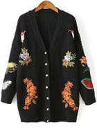 Romwe Black Embroidery Ribbed Drop Shoulder Sweater Coat With Button