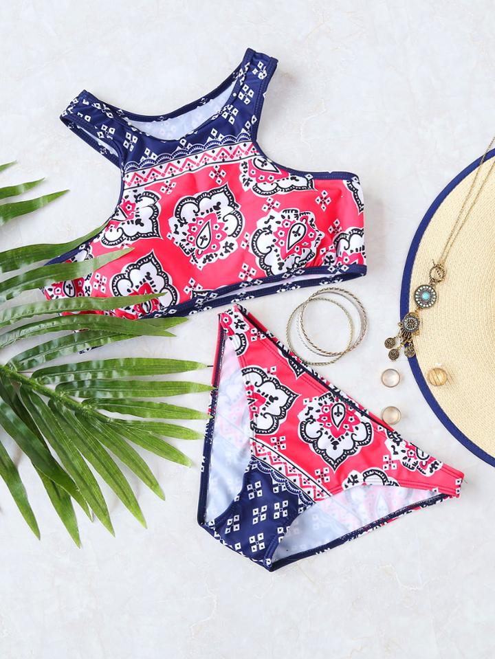 Romwe Tribal Print Racer Back Bikini Set
