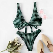 Romwe Dot Print Plunge Top With High Cut Bikini