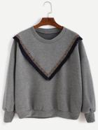 Romwe Grey Drop Shoulder Fringe Sweatshirt With Embroidered Tape Detail