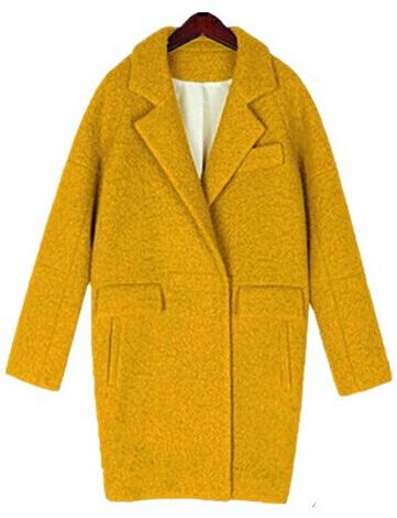Romwe Lapel Pockets Loose Woolen Yellow Coat