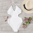 Romwe Criss Cross Cut-out Tie Back Halter One Piece Swimwear
