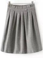 Romwe Elastic Waist Single Button Pleated Grey Skirt
