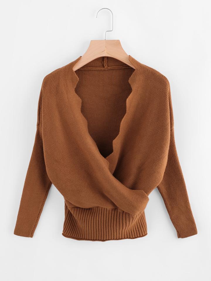 Romwe Surplice Neckline Scallop Trim Rib Jumper