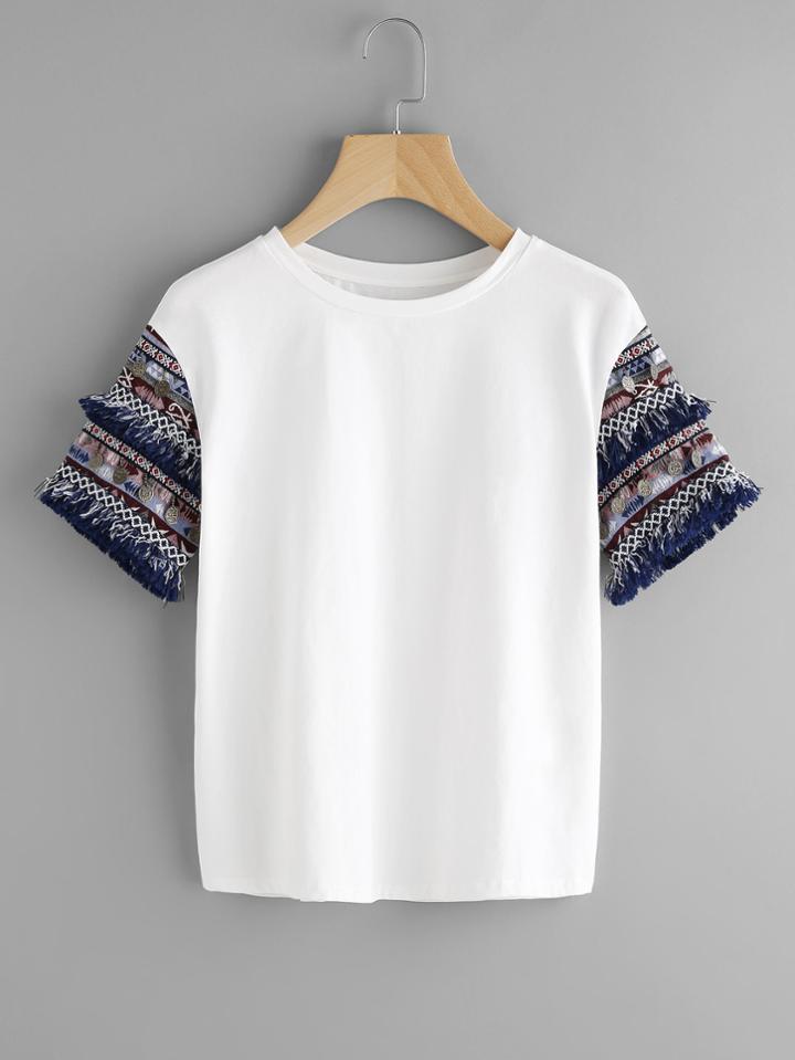 Romwe Coin Fringe Trim Embroidered Jacquard Sleeve Tee