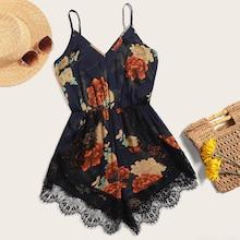 Romwe Plus Contrast Lace Floral Print Romper