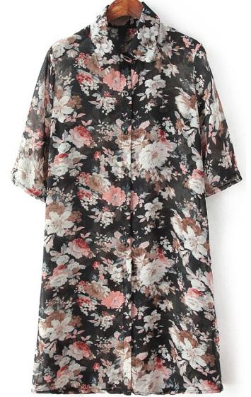 Romwe Lapel With Button Florals Chiffon Black Blouse