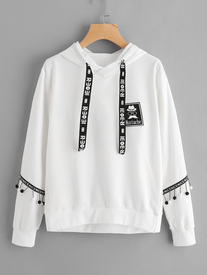 Romwe Patch Detail Pom Pom Trim Dip Hem Hoodie