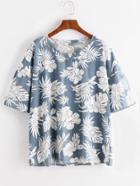 Romwe Blue Florals Drop Shoulder T-shirt