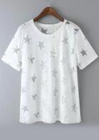 Romwe With Sheer Mesh Star Pattern White T-shirt