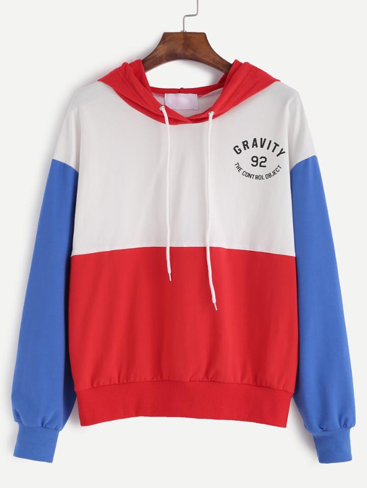 Romwe Color Block Letter Print Drawstring Hooded Sweatshirt