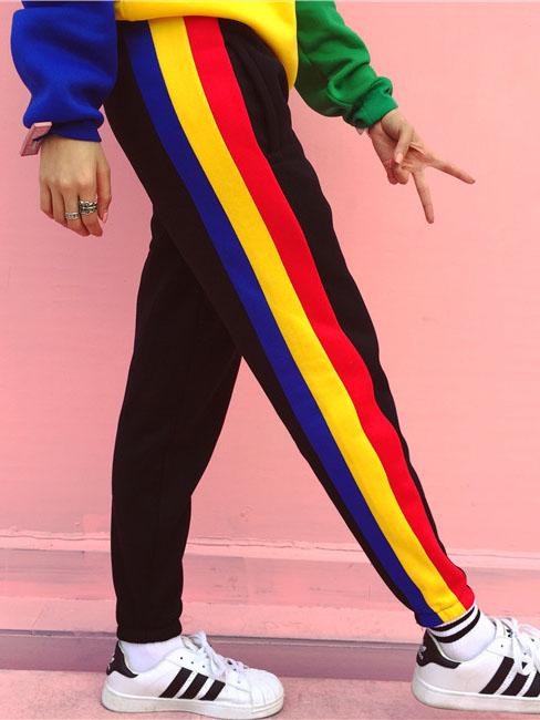 Romwe Elastic Waist Color-block Vertical Striped Pant