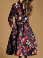 Romwe Multicolor V Neck Length Sleeve Drawstring Pockets Jacquard Dress