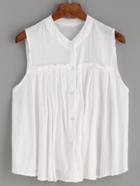 Romwe White Sleeveless Button Front Pleated Blouse