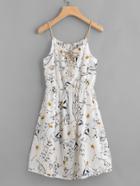 Romwe Florals Tie Neck Cami Dress With Faux Pearl Detail