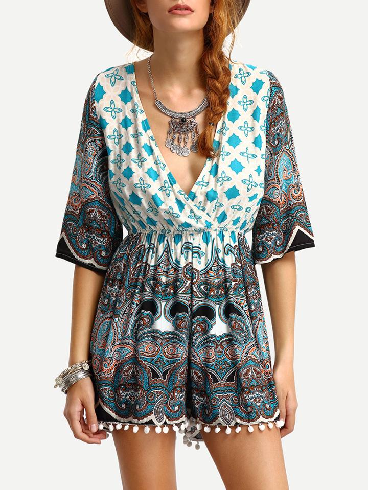 Romwe Surplice Front Paisley Print Romper