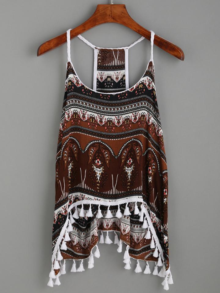 Romwe Tribal Print Dip Hem Cami Top With Tassel