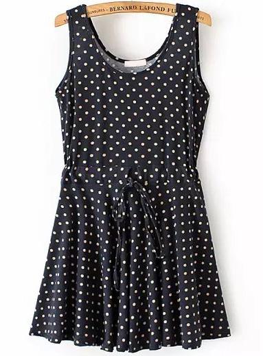 Romwe Black Sleeveless Drawstring Waist Polka Dot Dress